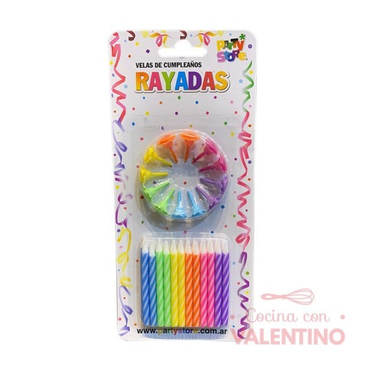 Vela Party Store Rayada Multicolor Con Bases - 24 Un
