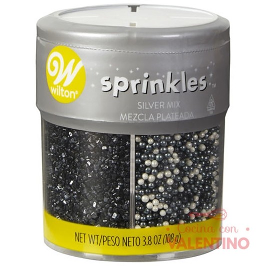 Sprinkles Wilton - 4 Celdas - Blanco. Negro y Plateado - 108 Grs.
