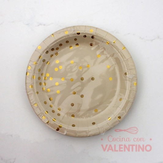 Plato De Papel Color con Lunares Dorados (bulto Pack 10 Un.)