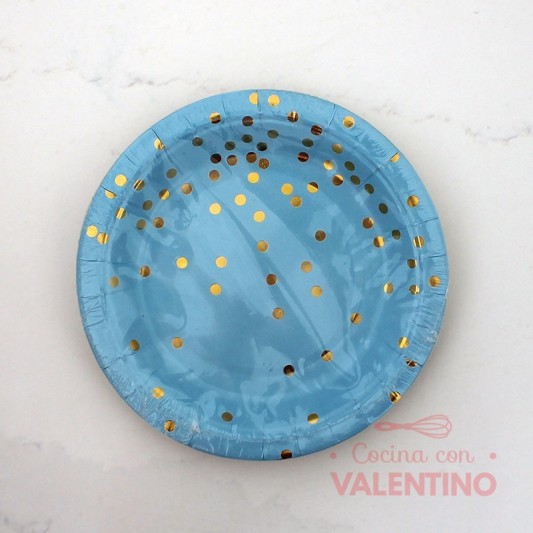 Plato de Polipapel Color Celeste con Lunares Dorados x10u