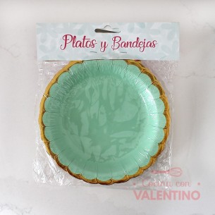 Plato Scallop Verde Borde Dorado - 10 Un