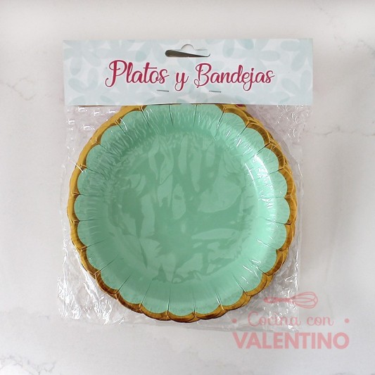 Plato Scallop Verde Borde Dorado - 10 Un