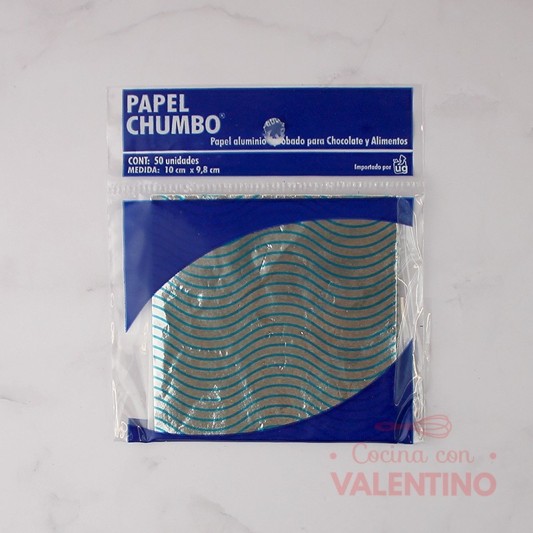 Papel Chumbo 10x10cm - Plateado con Ondas Turquesas