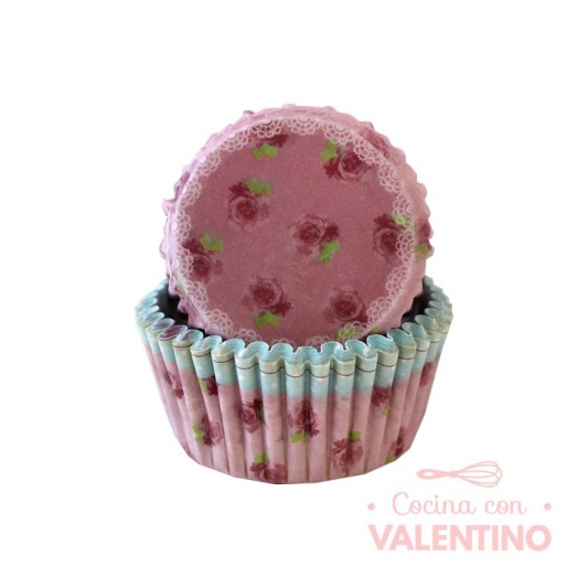 Pirotines N°10 Shabby Chic - Flores Rosas y Borde Celeste - 25u. Convida