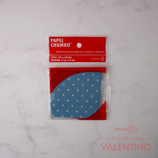 Papel Chumbo 8x8cm - Celeste con Lunares Blancos